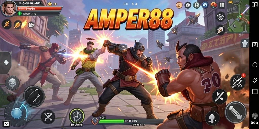 Tampilan gameplay seru AMPER88 dengan karakter bertarung.