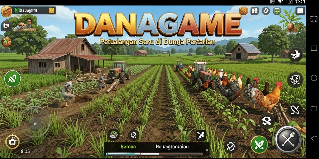 Screenshot gameplay DANAGAME menampilkan aktivitas seru di ladang pertanian.