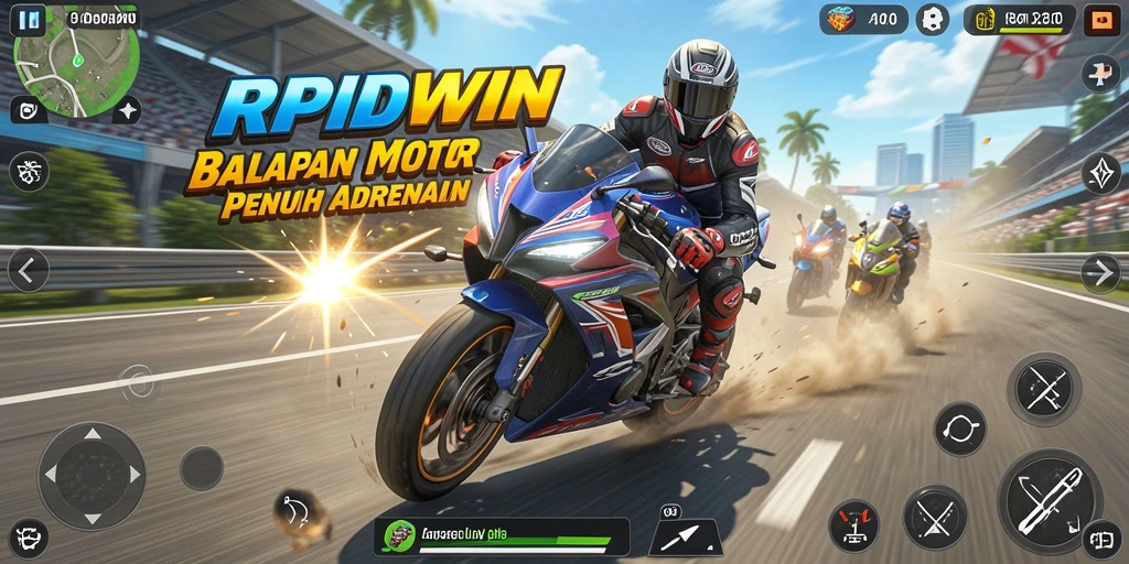 Tampilan gameplay RPIDWIN saat balapan motor yang mendebarkan.