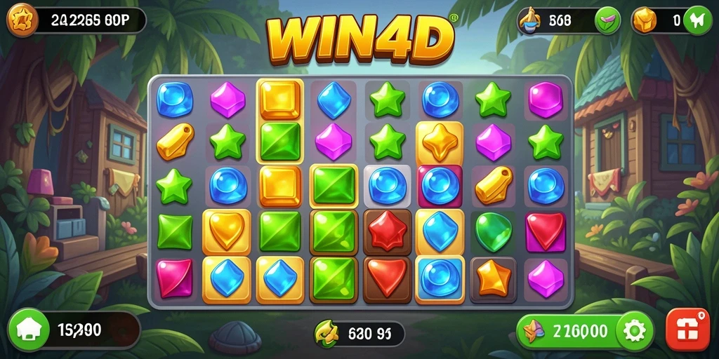 Screenshot menampilkan gameplay Match-3 yang seru dan penuh warna.